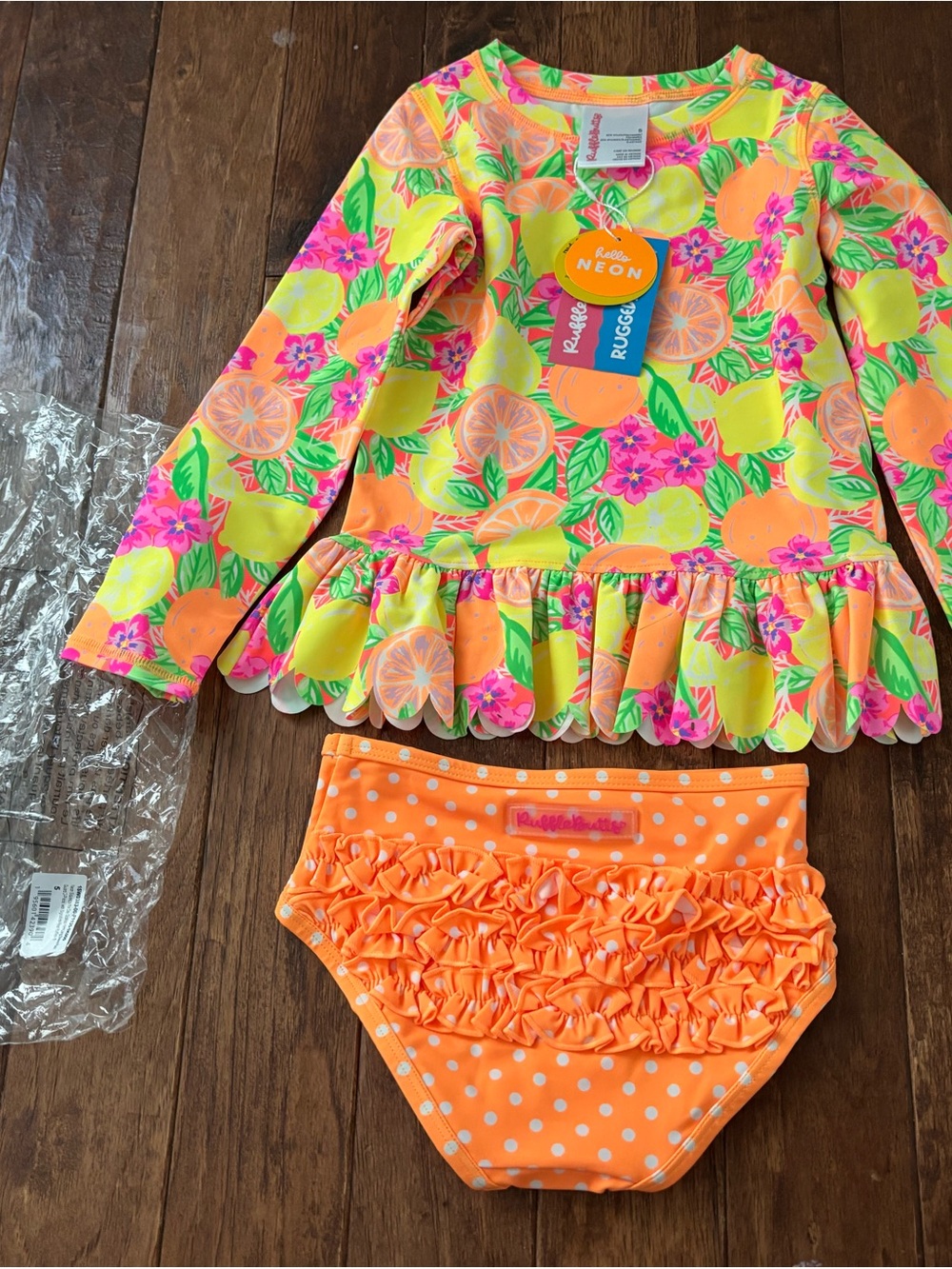 Rufflebutts Size 5 Neon Orange Fruit Citrus Long Sleeve Swimsuit Swim Two Piece